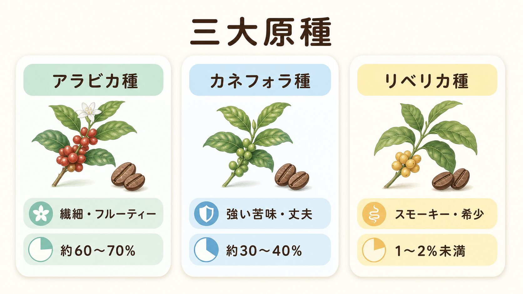 アラビカ種・カネフォラ種・リベリカ種の比較図解